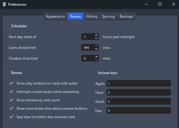 Anki Preference Settings