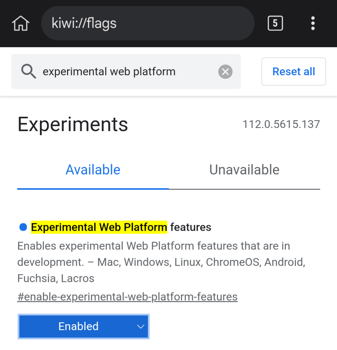 Enable Experimental Web Platform Android